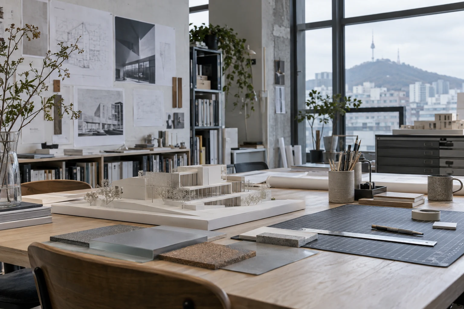 모형과 소재, 스케치가 놓인 STUDIO COMMON의 작업실 콘셉트